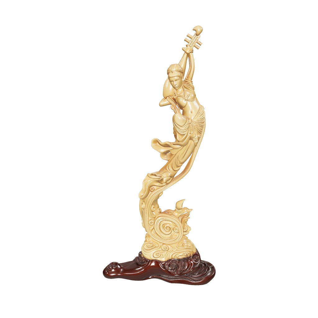 Boxwood Carving of Flying Apsara (Playing Pipa Behind Back)