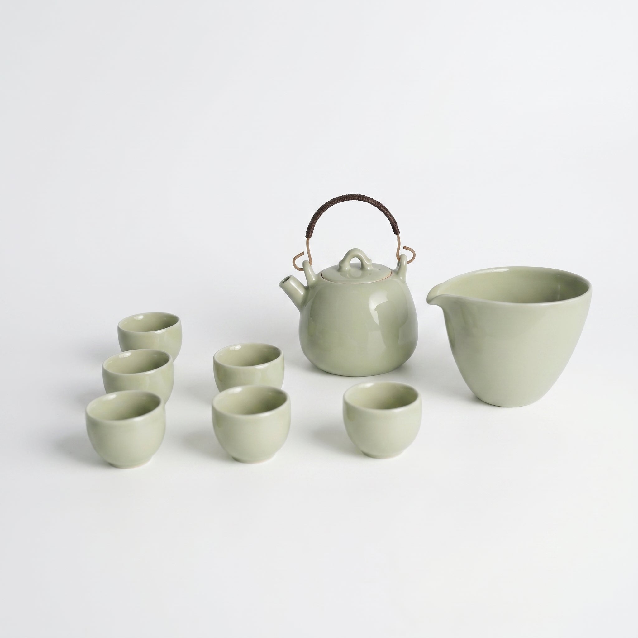 Ou Ware Pale Celadon Pear-Shaped Teapot with Rattan Handle 8-Piece Set