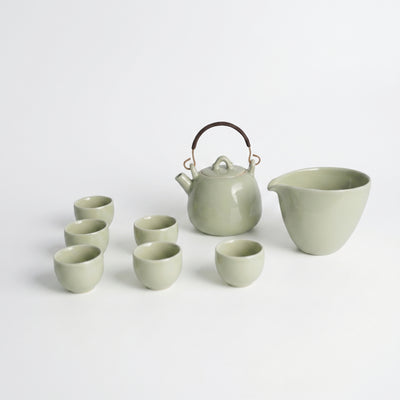 Ou Ware Pale Celadon Pear-Shaped Teapot with Rattan Handle 8-Piece Set