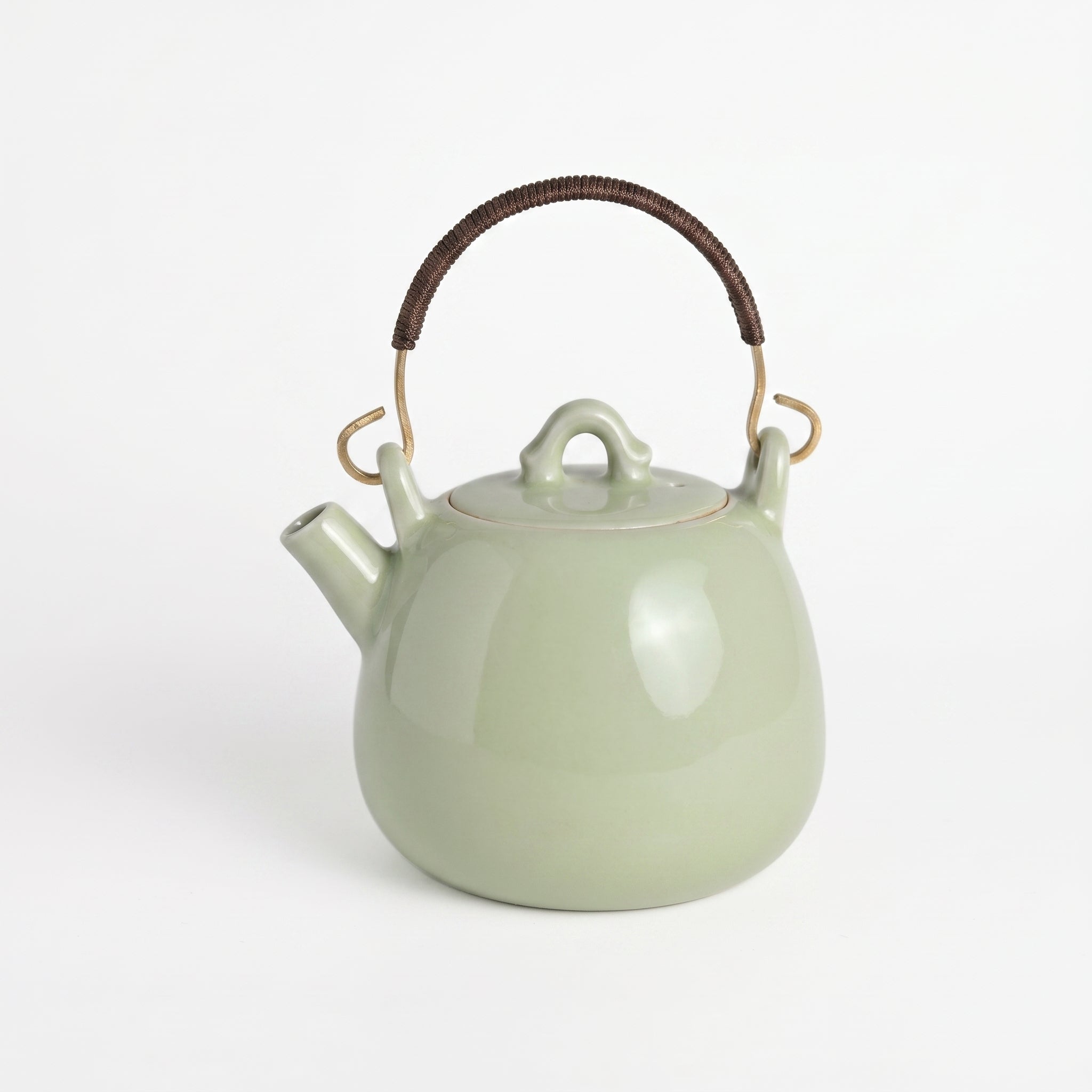 Ou Ware Pale Celadon Pear-Shaped Teapot with Rattan Handle 8-Piece Set