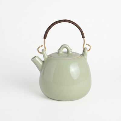 Ou Ware Pale Celadon Pear-Shaped Teapot with Rattan Handle 8-Piece Set