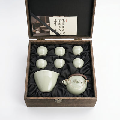 Ou Ware Pale Celadon Pear-Shaped Teapot with Rattan Handle 8-Piece Set