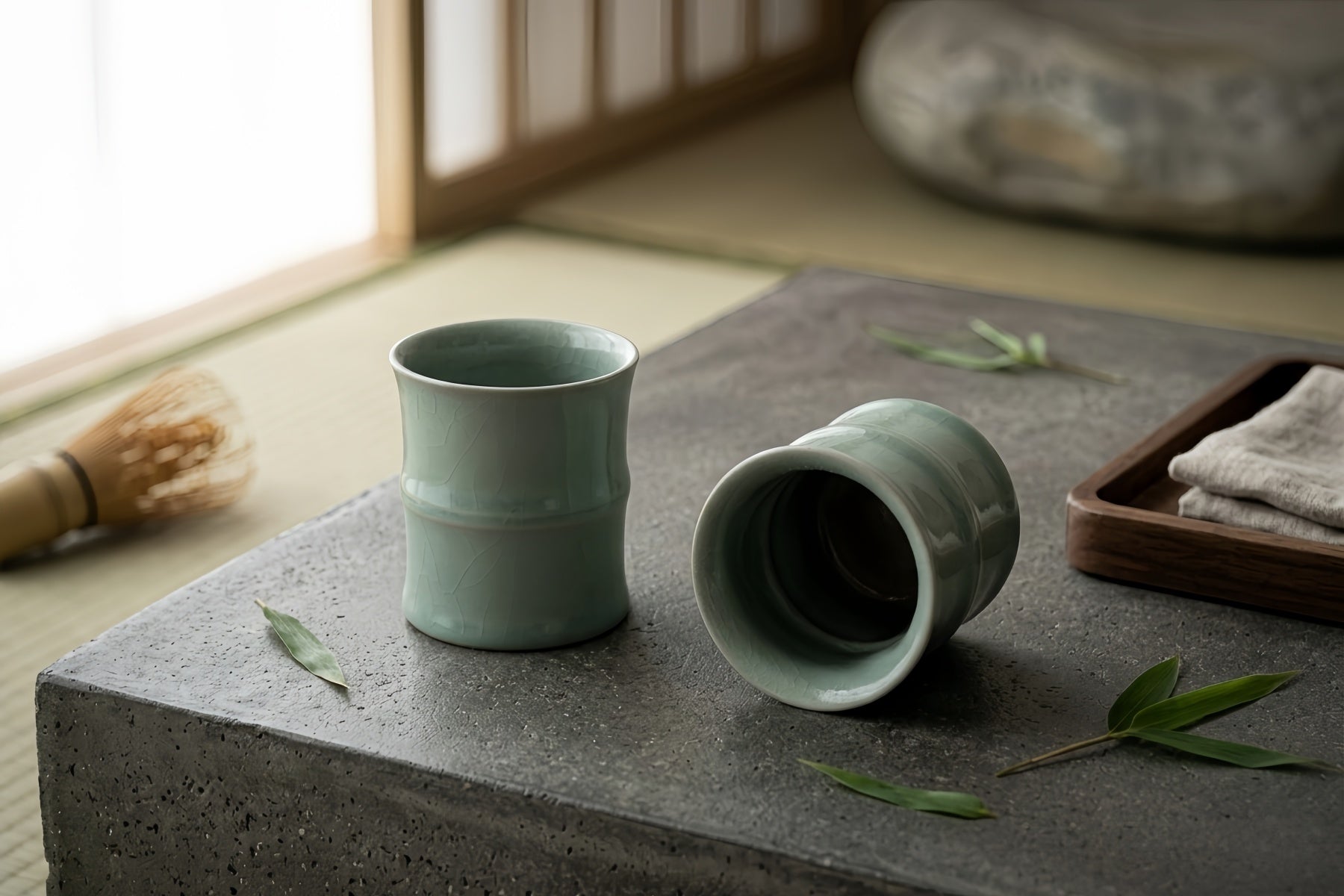 Handmade Celadon Teacup - Crackle Glaze Bamboo Joint Cup